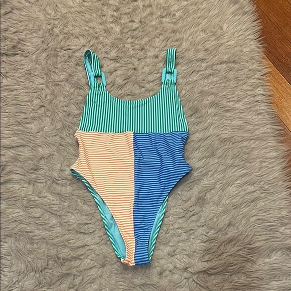 NWT aerie one piece cheekiest spf 50 multicolored stripped swimsuit - Picture 1 of 5